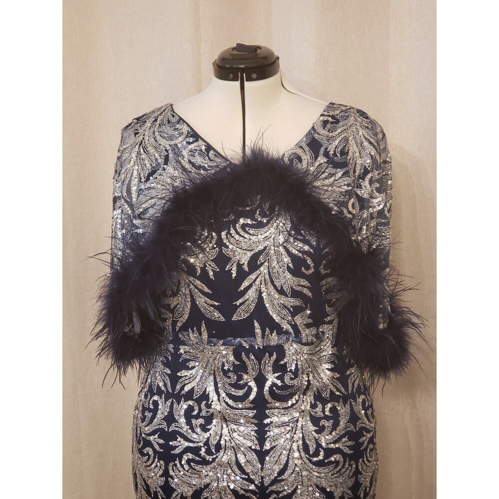 EY Boutique Blue & Silver Sparkle Sequin Gown w/ Feather Trim, Size XL | NWT - Picture 2 of 12
